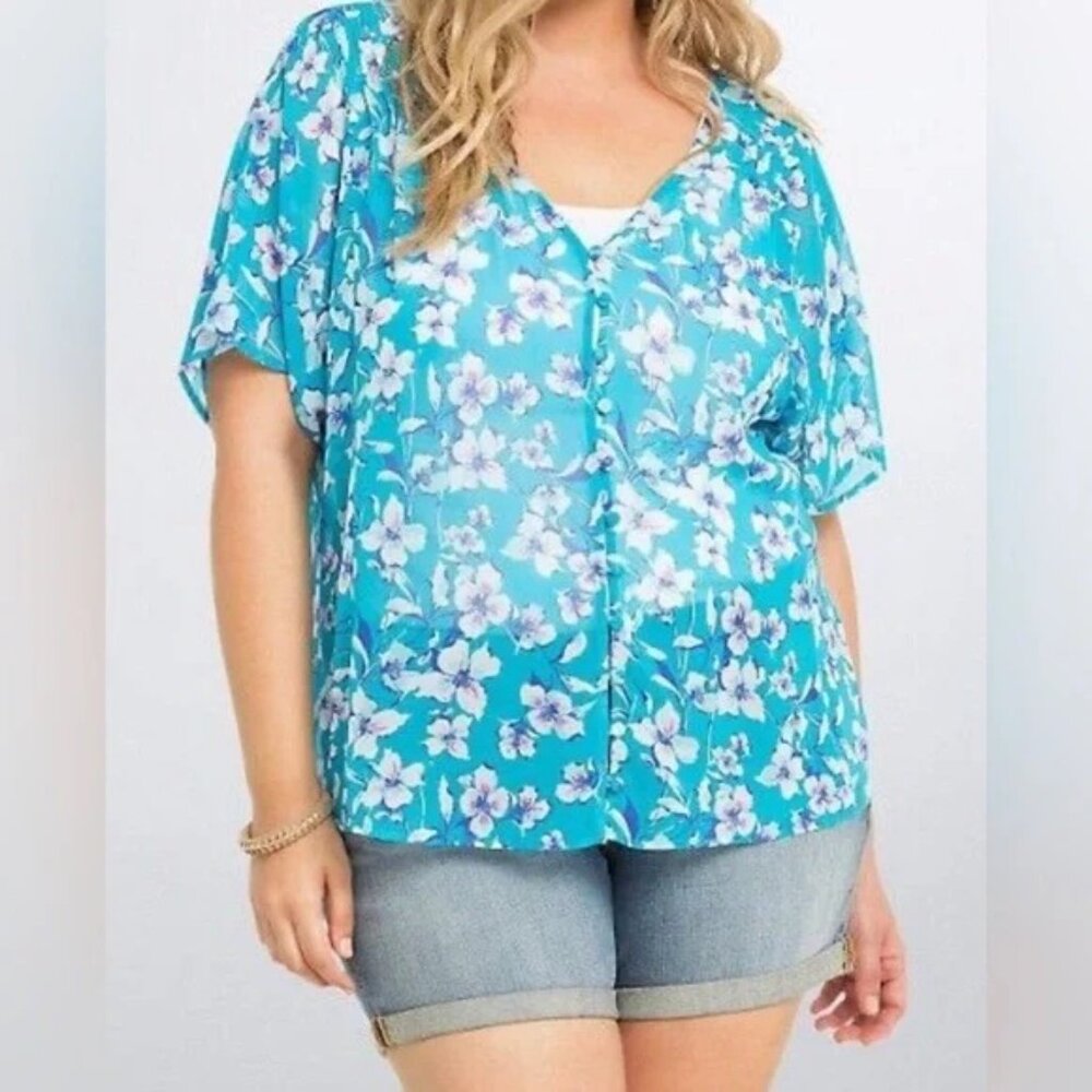 Torrid 1X Sheer Chiffon Floral V Neck Button Blouse Blue Pink